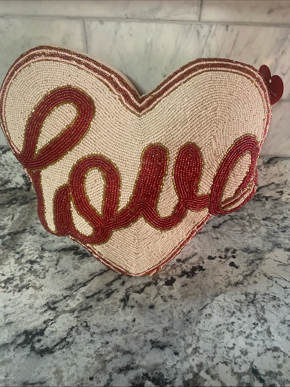 Beaded Heart Pillow with Red 'Love' Script